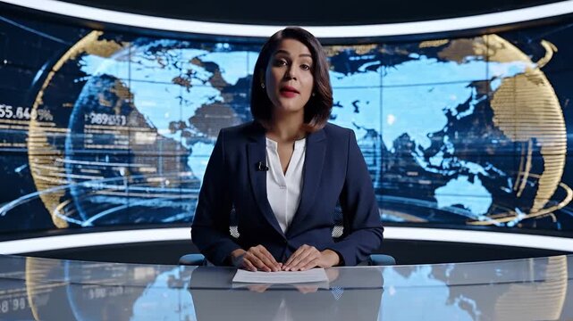 Female News Anchor Presenting Global News Report in Studio.