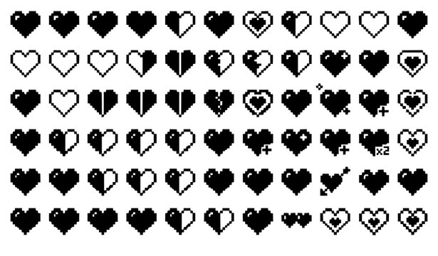 Retro 8bit pixel heart mega collection with massive game life status icons and broken health symbols set