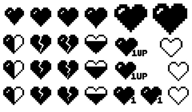 Retro pixel art heart icon set with 8bit arcade game health containers half full broken and empty sprites vector