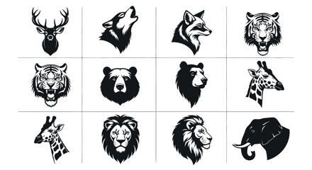 Obraz premium Collection of black and white animal head icons wildlife symbols and logos featuring various species