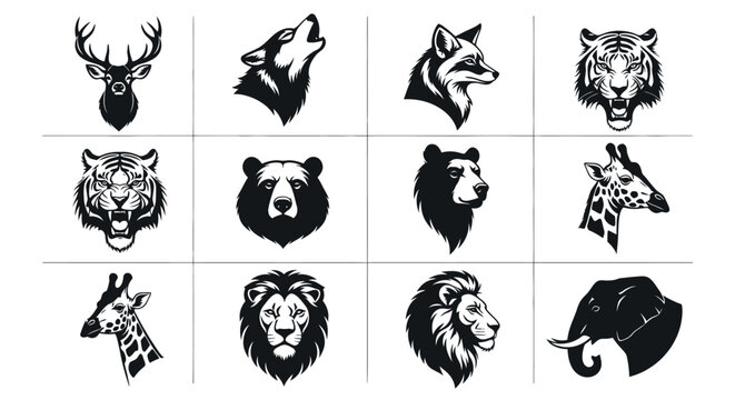 Collection of black and white animal head icons wildlife symbols and logos featuring various species
