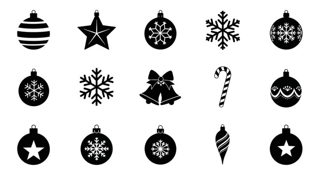 Black and white christmas icons including ornaments snowflakes star bell and candy cane on white background