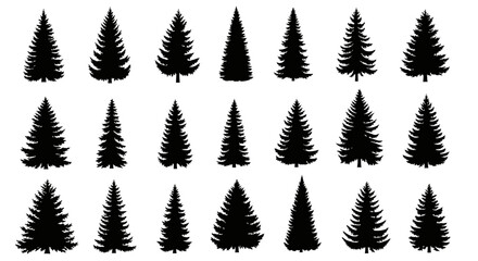 Fototapeta premium Collection of black pine tree silhouettes on white background for design and decoration purposes