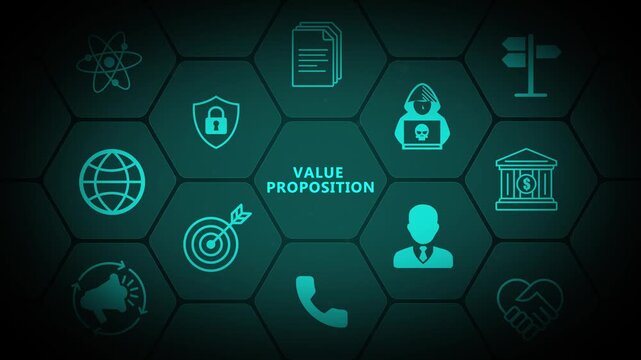 Value Proposition Interface with Strategic Business Technology Elements and Futuristic Digital Management Display 4K black background visuals