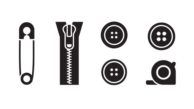 Black and White Sewing Tools: Safety Pin, Zipper, Buttons, and Tape Measure