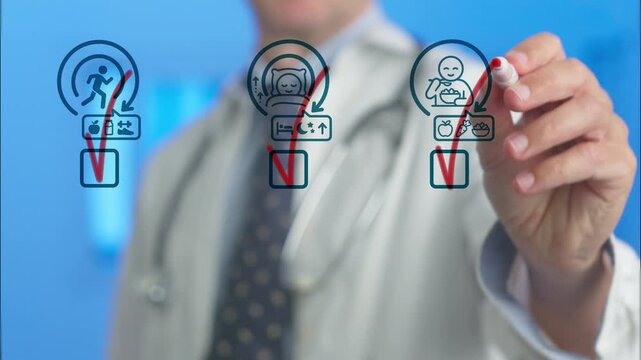 Medical professional ticking off checkboxes for physical activity, quality sleep, and balanced diet icons on a futuristic transparent digital display, promoting a healthy lifestyle