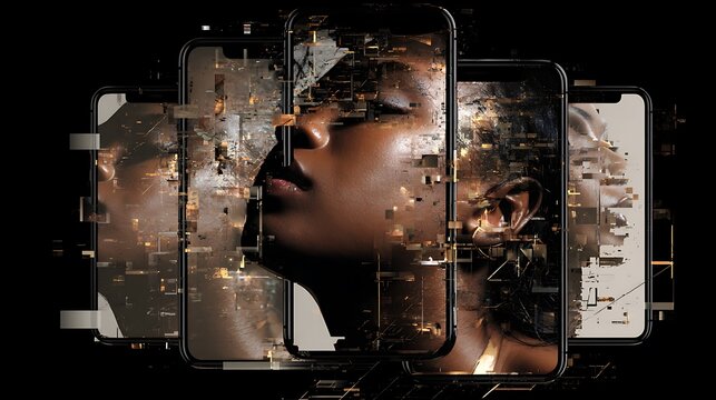 Black woman's face deconstructed in pixels across smartphone screens, dark background