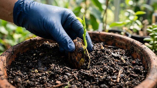 Gloved hand planting a mango seedling in a pot outdoors