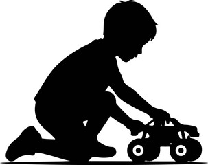little boy kneeling and playing with a monster truck toy silhouette vector © Srabon