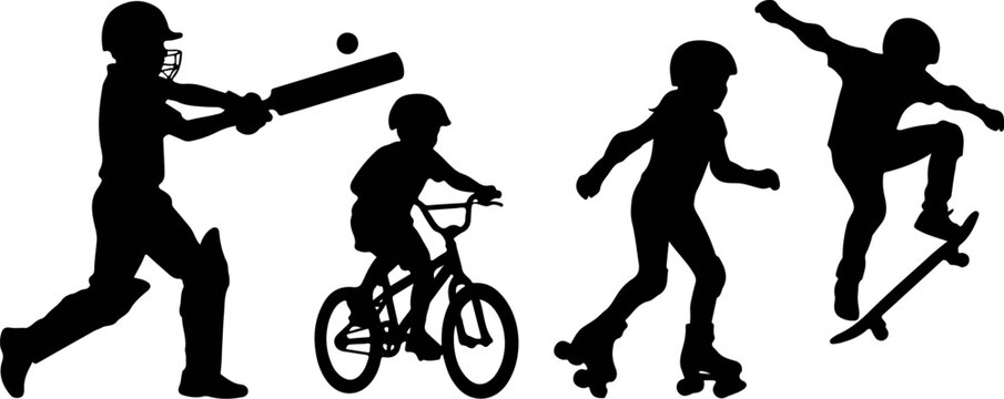 kids outdoor sports silhouette vector set with cricket bicycle roller skating and skateboarding