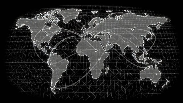Digital World Map Overlay with Grid Lines for Global Connectivity and Data Visualization