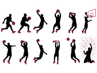  Set of Basketball Player Silhouettes in Action Poses, Including Dribbling, Jumping, and Shooting © Riful Ahmed Ratul