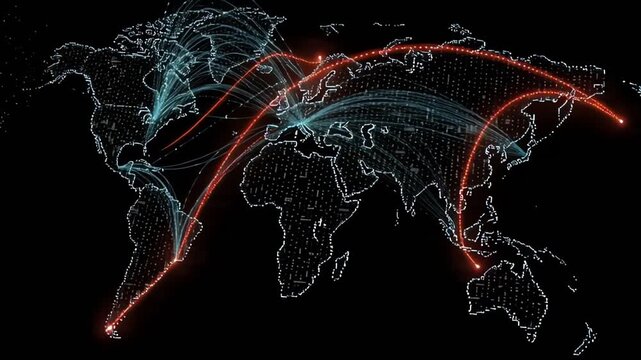 Global network map showing interconnected lines and points emphasizing urban planning and connectivity