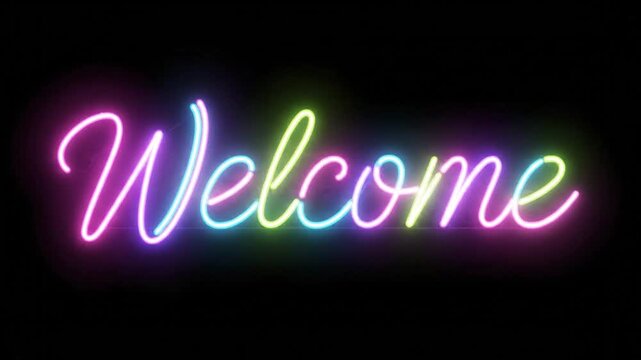 Neon welcome sign in vibrant colors against a dark background, perfect for presentations and events