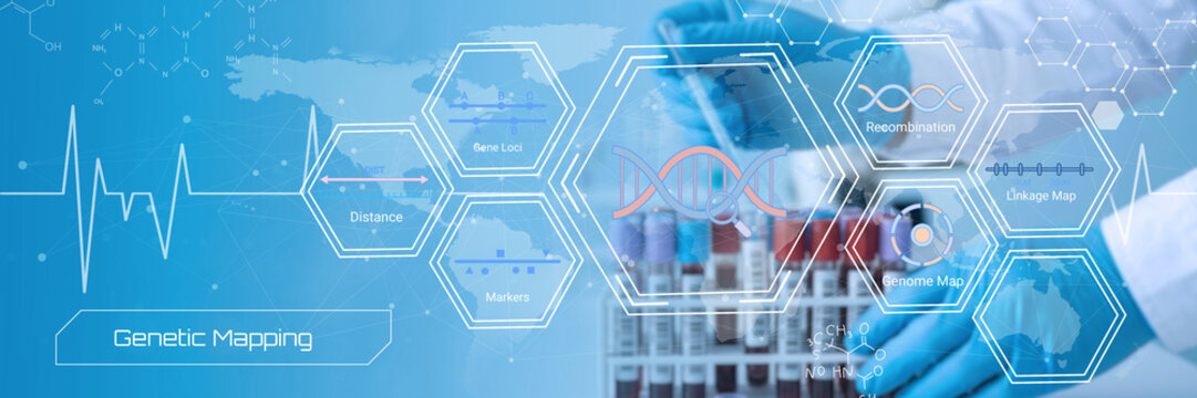 Modern genetic mapping visualization showing DNA sequencing and recombination processes in a scientific lab setting