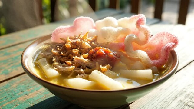 Savory Indonesian Soto Ayam with Chicken, Rice Cakes, Fried Onions, Sambal, and Crackers in a Beautiful Bowl