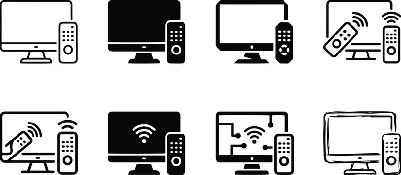 Smart television remote control icon collection showing wireless media device screen connectivity and entertainment technology in black white vector style