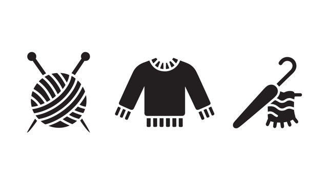 Knitting Yarn Ball and Needles Icon Set Winter Sweater Umbrella Minimal Black Vector