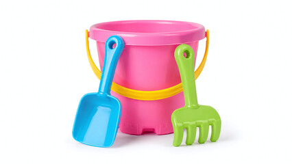 Obraz premium Colorful beach bucket with shovel and rake isolated on white background