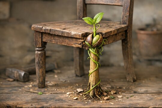 A wooden chair with vines and leaves growing out of it, representing nature's takeover