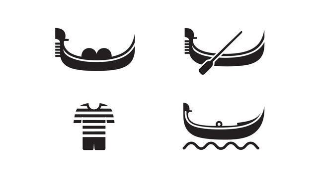 Gondola Boat Icons Set Minimal Black Venetian Water Transport Vector Collection for Travel and Tourism Design