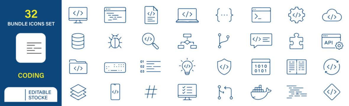 Set of 32 Coding icons Each icon will be different, create a vector outline icons using white background and black colour.