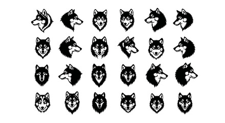 Collection of black and white husky dog head illustrations in various expressions and angles on a white background © Kamola