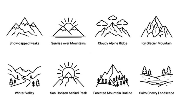 Minimal mountain line art vector set with winter peaks clouds sun and landscape icons