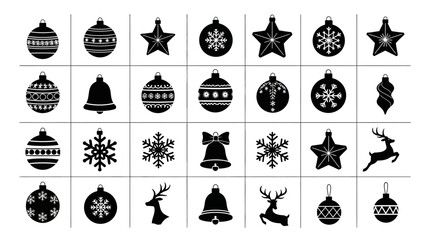 Collection of black christmas icons including ornaments bells stars snowflakes and reindeer on white background for holiday decoration © Kamola