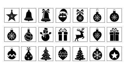 Collection of black and white christmas icons including ornaments santa reindeer and gifts on white background © Kamola