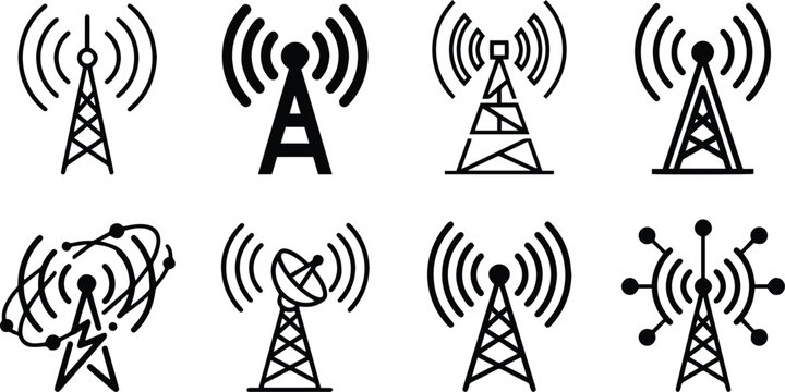 Radio tower signal icon set showing broadcast antenna wireless communication telecom network and cellular transmission in black white vector style