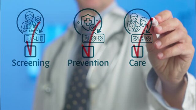 Medical professional in a lab coat checking off boxes for screening, prevention, and care on a futuristic transparent digital display, illustrating a comprehensive approach to patient healthcare