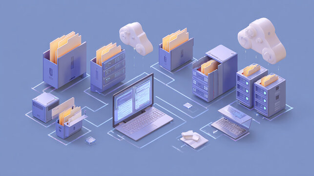 A digital illustration depicting organized data storage, featuring a laptop, file cabinets, folders, and cloud shapes arranged on a schematic background.