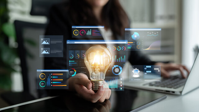 AI business intelligence interface featuring real-time AI data visualization, predictive AI model graphs, and automated report tools driven by AI artificial intelligence for business solution. Corpus