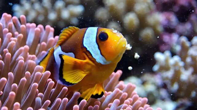Vibrant Clownfish Swims Gracefully Among Pink Anemone Tentacles Underwater.