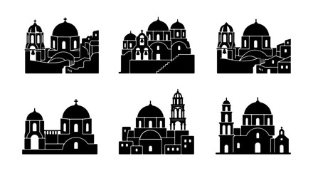 Greek Island Architecture Silhouettes, Santorini Village Buildings, White Church Domes, Travel Icons © Shuvo