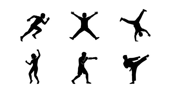 Silhouette Figures: Dynamic Sports Actions, Fitness Poses, Martial Arts, Dancing, Running, Jumping