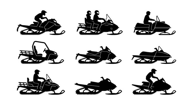 Snowmobile Silhouettes, Winter Sport Vehicles, Outdoor Adventure Icons, Vector Set