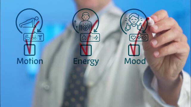 Medical professional interacting with a futuristic holographic interface, checking boxes for motion, energy, and mood concepts, representing a holistic approach to patient health and wellbeing