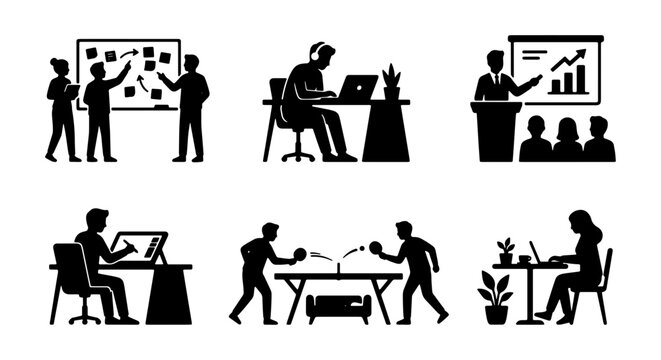 Business Meeting, Office Work, Presentation, Ping Pong, Creative Design, 6 Icon Set