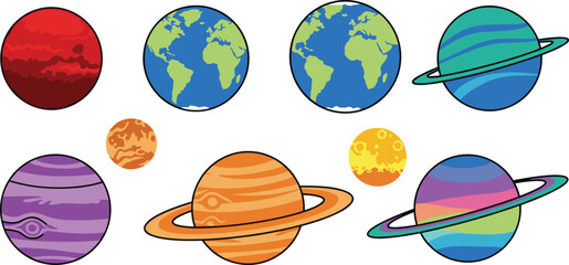 Colorful Solar System and Planet Icon Set Featuring Earth, Mars, Jupiter, Saturn, Neptune, and Other Celestial Bodies for Space, Astronomy, and Educational Design © MdMojnu