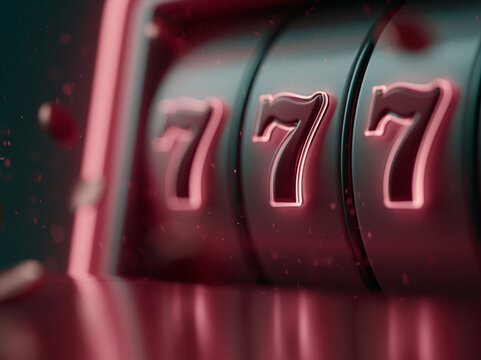 A close-up of a slot machine showing triple 7s against a blurred red background, symbolizing luck and jackpot wins.
