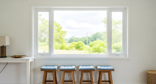 Minimalist white dining room with light wood chairs and large windows overlooking greenery table