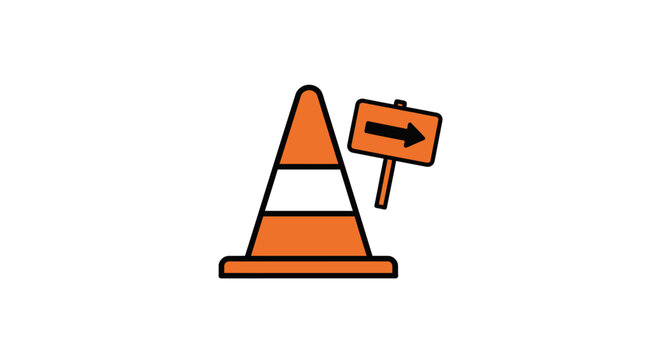 Orange Traffic Cone with Directional Sign - Road Work and Safety Symbol