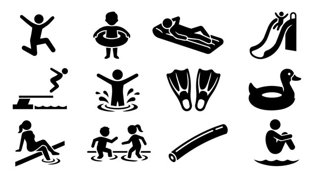 Public Pool and Leisure Swimming Silhouette Icons Set