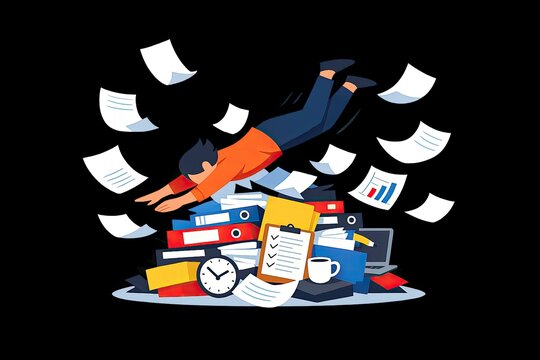 A person struggling to hold onto a stack of papers before losing their balance and falling