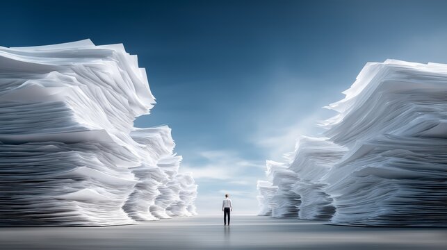 Businessman surrounded by towering paperwork stacks symbolizing bureaucracy administrative overload productivity pressure and overwhelming corporate document management challenges