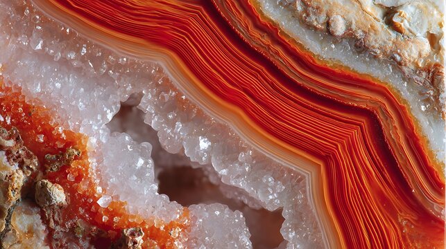 Close-up of a cut geode reveals vibrant bands of orange, red, and white crystals