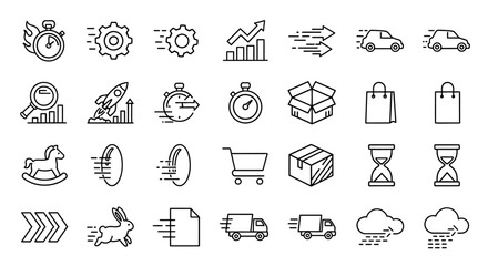 Fototapeta premium Dynamic vector line icons conceptualizing business acceleration, swift delivery, productivity, and essential time management strategies for digital projects