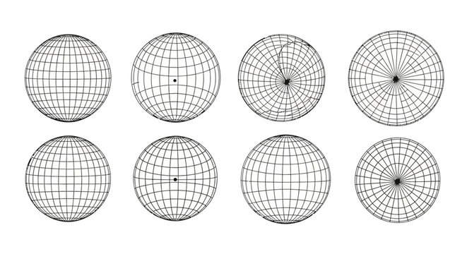 Wireframe globe icons, 3D grid spheres, vector earth models, black line illustrations